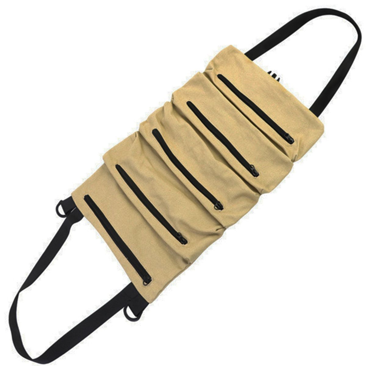 Heavy Duty Canvas Tool Roll with 5 Zippered Pockets Compact Car Storage