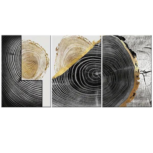 Canvas-Art-3 Pieces Black &amp; Gold Wood Rings Abstract Wall Art