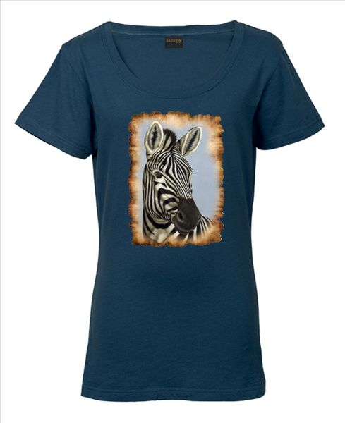 Ithambo Wildlife Zebra Head Print Ladies Scoop Neck Shirt Blue