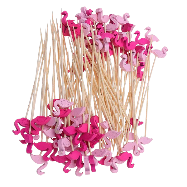 100Pcs Charming Flamingo Wooden Cocktail Picks - Pink &amp; Purple