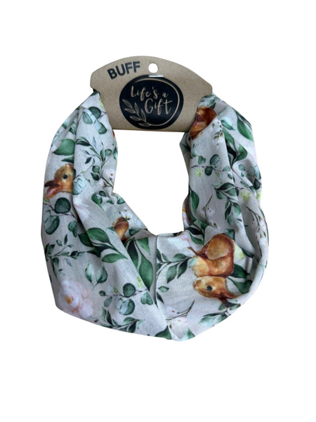 Neck Gaiter - Brown Bunnies with Green Leaves &amp; White Flowers