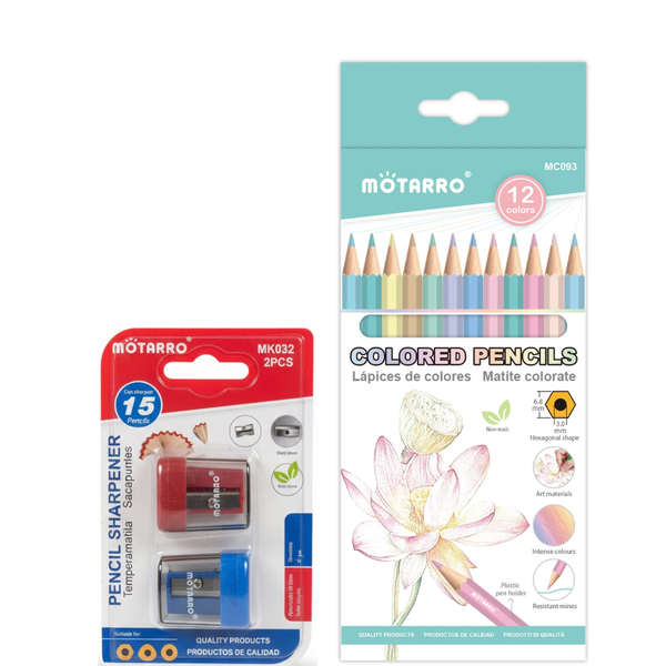 Motarro Stationery Set - 2 Sharpeners, 12 Pastel Pencils