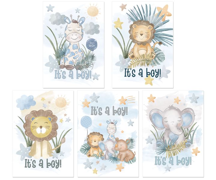 INVITATION | GREETING CARDS: IT'S A BOY (SAFARI ANIMALS) - 5Pack
