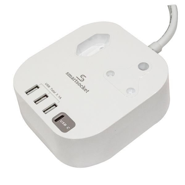Smartsocket Compact USB Power Charging Hub With 3 Pin Socket - White