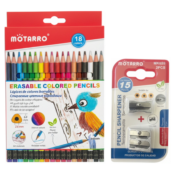 Motarro Erasable Colour Pencils Set - 18 Colour Pencils &amp; 2 Sharpeners
