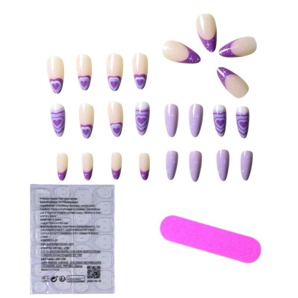 24Pcs Long Almond Glossy Heart Design Press-On Nails - Purple/White