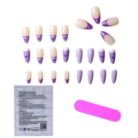 24Pcs Long Almond Glossy Heart Design Press-On Nails - Purple/White Image