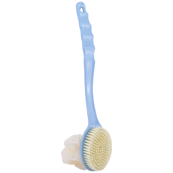 2-in-1 Long Handle Body Scrub Brush With Attached Loofah - Blue