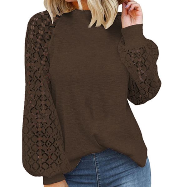Women's Round Neck Long Sleeved Lace Patchwork Top