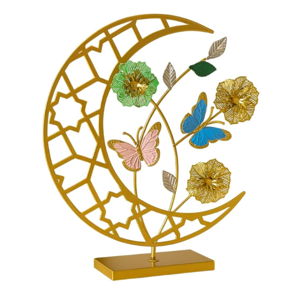 Gold Iron Moon Ornament with Colorful Flowers &amp; Butterflies - 20x4.8x28cm