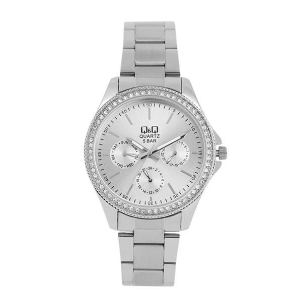 Q&amp;Q-Women Silver-Toned Embellished Analogue Watch-CE01J201Y