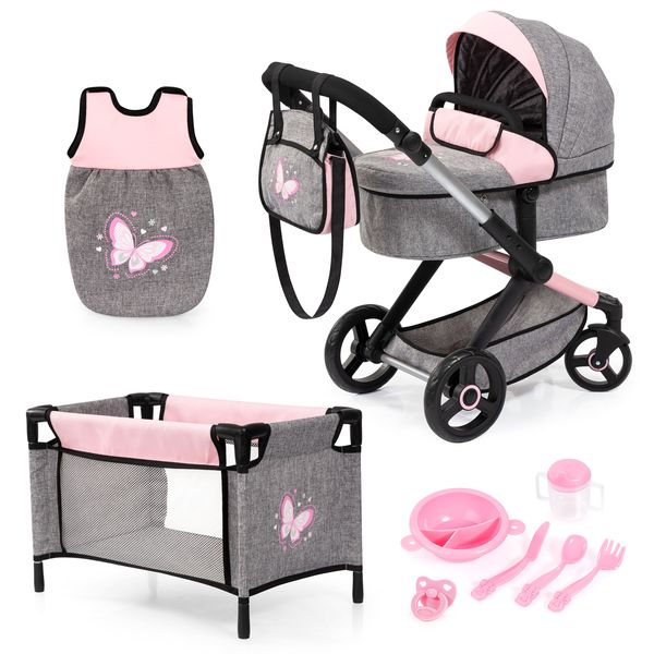 Bayer Xeo Dolls Toy Pram Mega Set (Grey/Pink) Butterfly (71cm Tall)