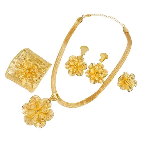 24K Gold-Plated 4-Piece Bridal Jewelry Set -Necklace Earrings Bracelet Ring