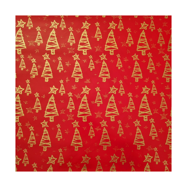 Red Wrapping Paper With Gold Christmas Trees - 10m roll