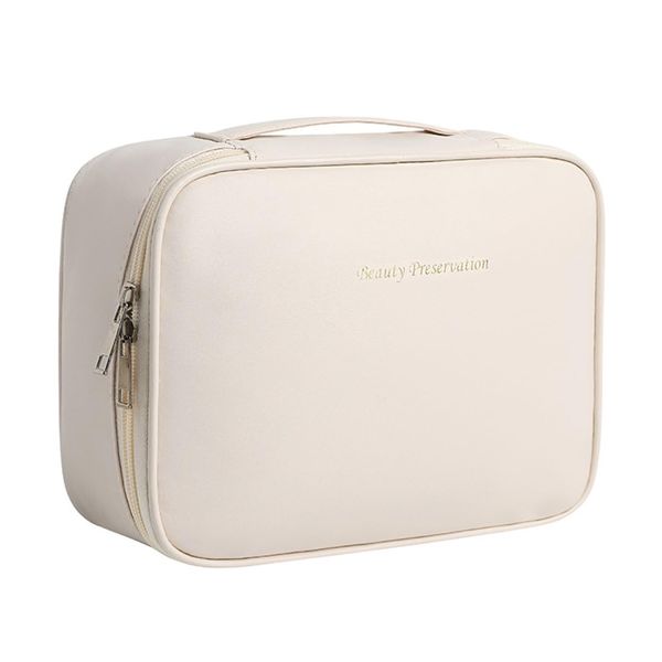 Large - Capacity Travel Makeup Case with Removable Brush Holder (Beige)