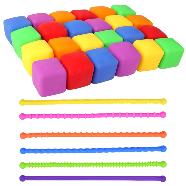 24 Mini Slow Rise Stress Cube and 6 Fidget Sticks for Anxiety Relief