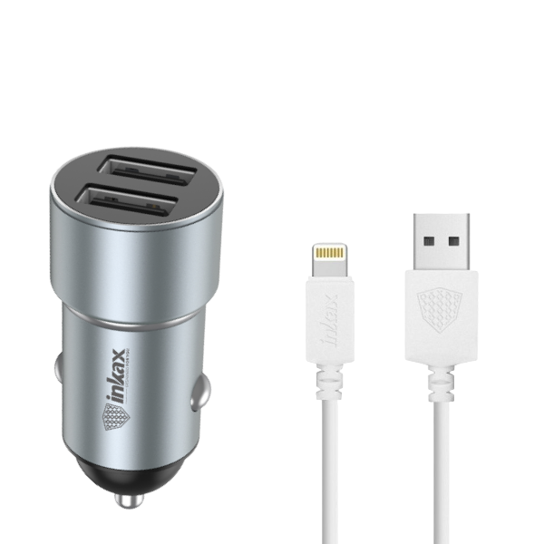 INKAX - CA-04 - Dual USB Car Charger With iPhone Cable - Silver