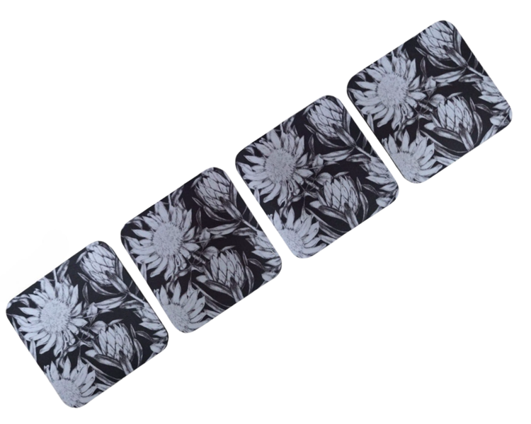 4 Piece Wooden Coaster Set - Big Blooming White Proteas
