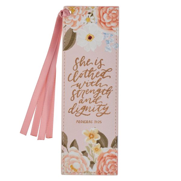Faux Leather Bookmark - She Is Clothed with Strength and Dignity, Pink