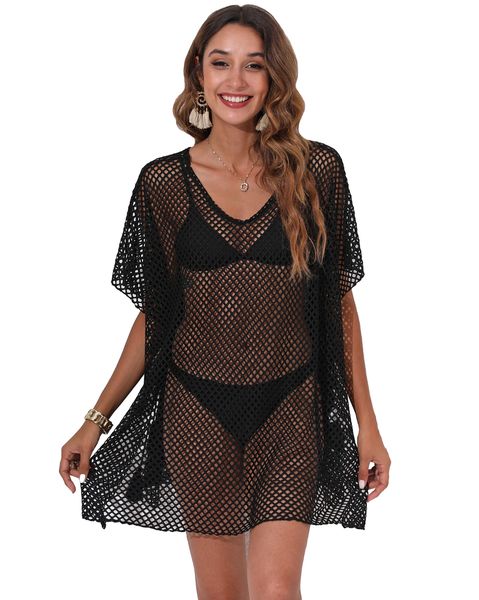 Women's Bikini Swimsuit Cover Up Mesh Sheer Short Sleeve Cover Up Dress
