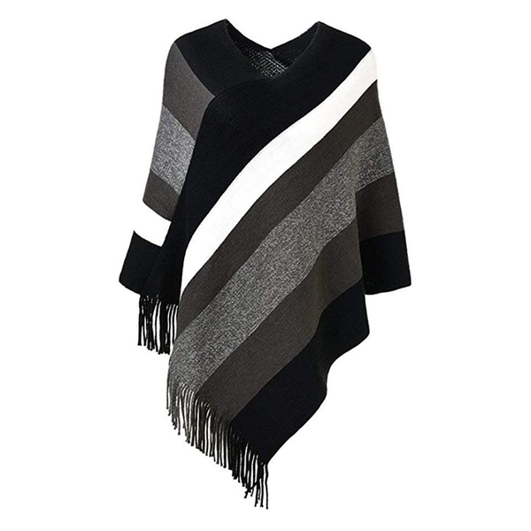 Women's Elegant Knitted Poncho Top with Stripe Patterns for Winter