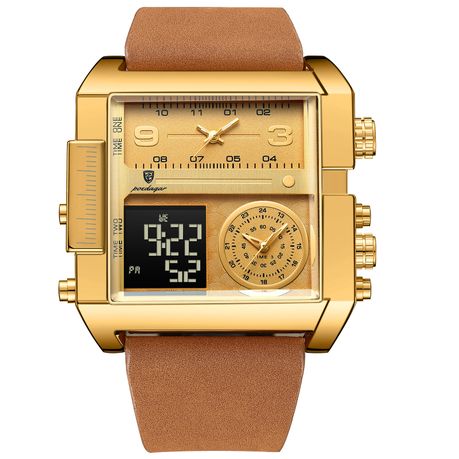 Poedagar Men's Dual Display Quartz Digital Watch - Leather Strap Image