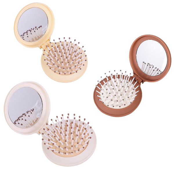 3Piece Mini Macaron Air Cushion Comb With Mirror Set - White/Yellow/Coffee