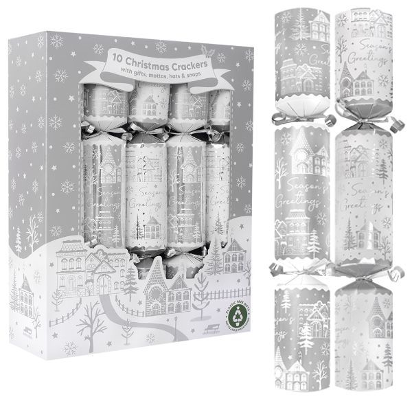 Christmas Crackers 10-Pack Elegant Silver &amp; White -Festive Table Decoration