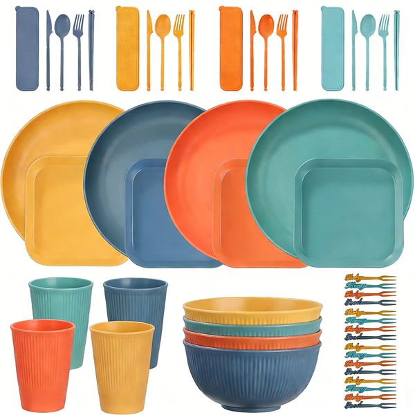 52 Pieces Dinnerware Set Camping Plates Picnic Cereal Bowls for 4 People