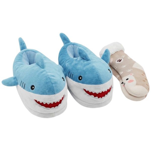 4 Piece Gift Collection Kids Cute Shark Slippers &amp; Winter Thermal Socks
