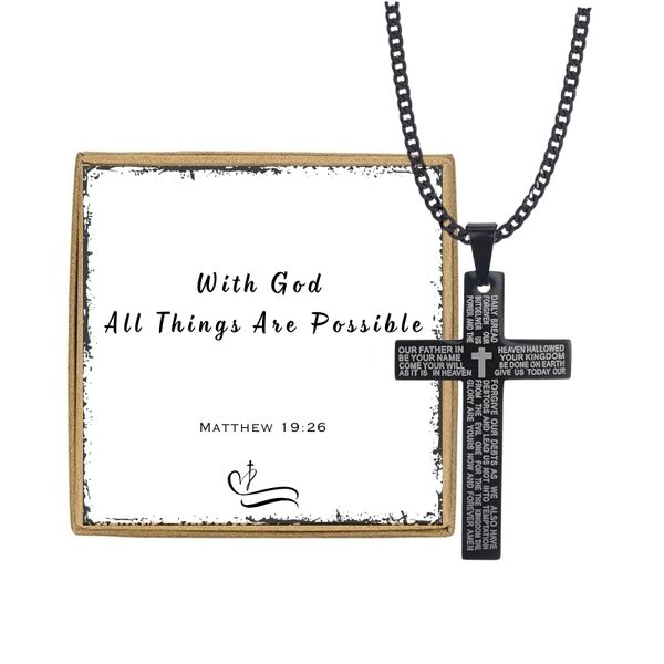 Men Black Stainless Steel Lord's Prayer Necklace Gift Box Set