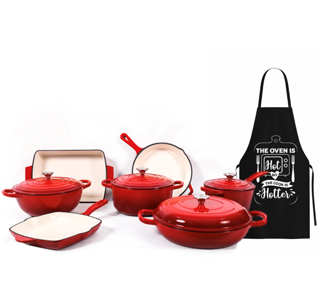 R-H Homeware 12 Piece Enamel Cast Iron Cookware Set &amp; Artisan Style Apron