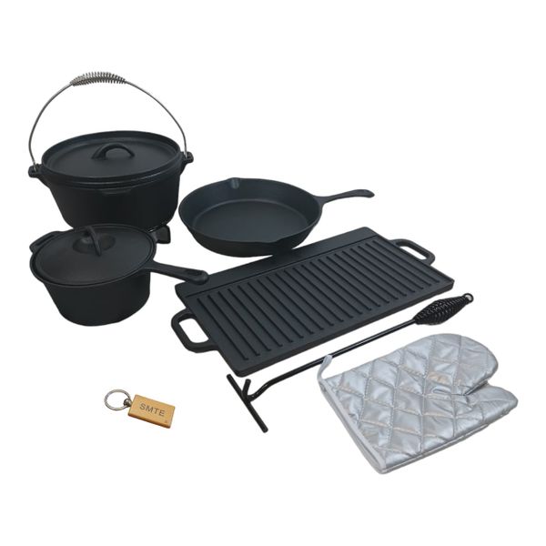Smte-Pre-Seasoned 7 Piece Cast Iron Dutch Heavy Duty Camping Set Plus SMTE Keychain