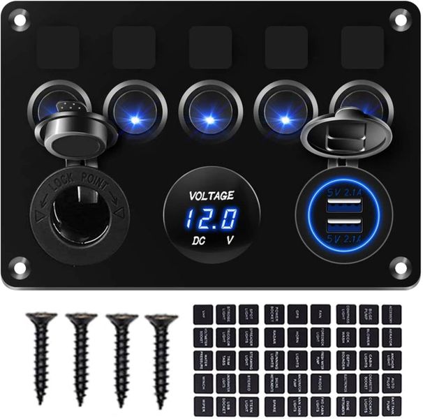 5 Gang Rocker Switch, Dual USB, Volt Meter &amp; Cig Socket Fuse Panel Blue
