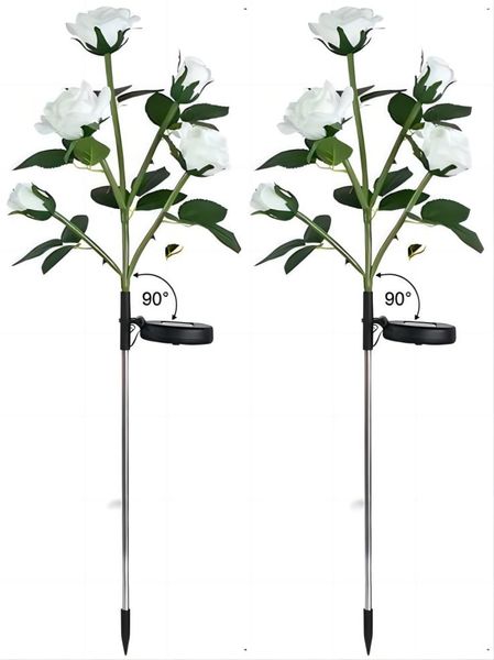 5 Heads Solar Garden Rose Lights, 2 Pack Realistic Outdoor Flower Lights