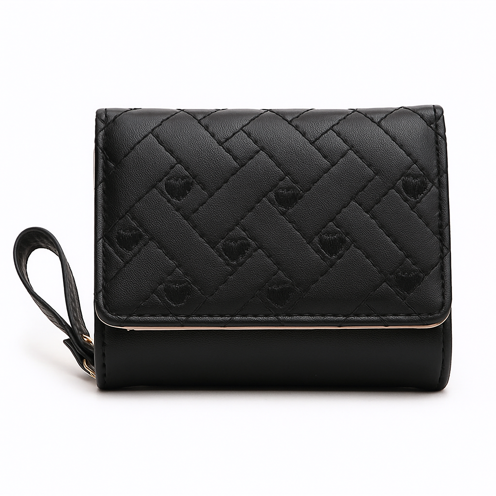 Women's Embroidered Heart Wallet-Black|Compact Tri-Fold Purse Wallet