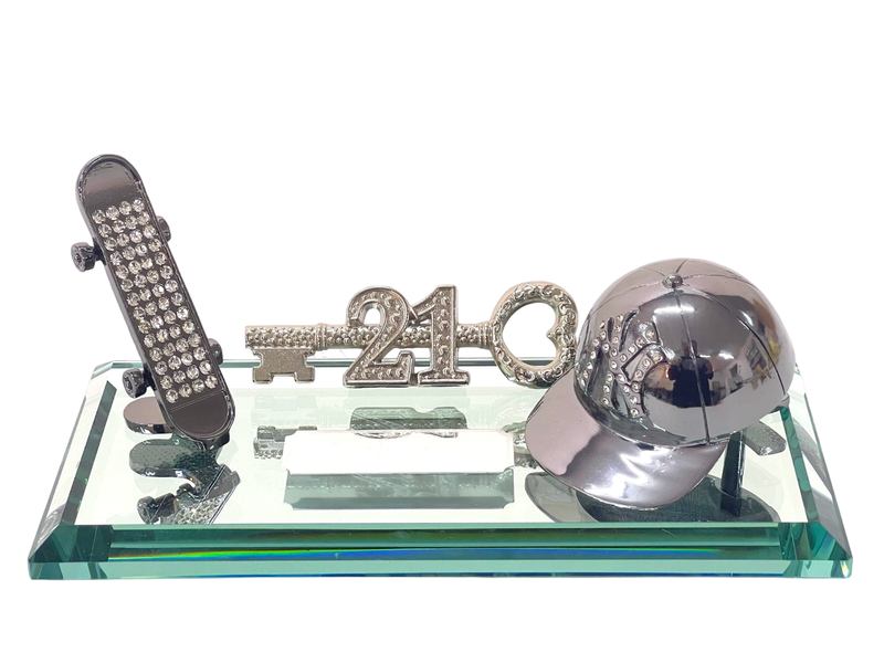 21st Key with Diamante Cap and Skateboard on Glass Mirror base