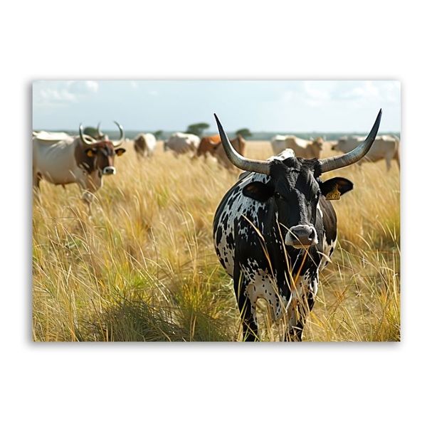 Nguni Cattle Grazing Canvas - Animals Wall Art with a Solid Wood Frame