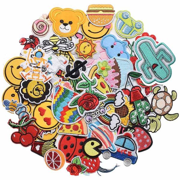60pcs Assorted Embroidered Iron-On Patches-Cute Smiley, Car, Flower &amp; Food