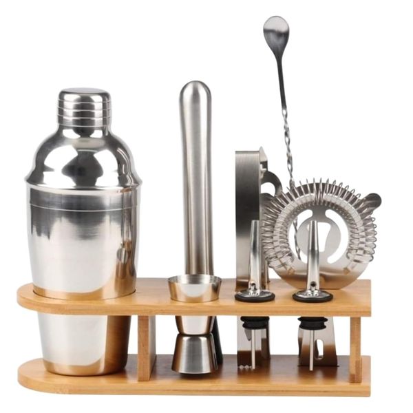 10 Piece Stainless Steel Cocktail Shaker Bartender Tool With Bamboo Stand