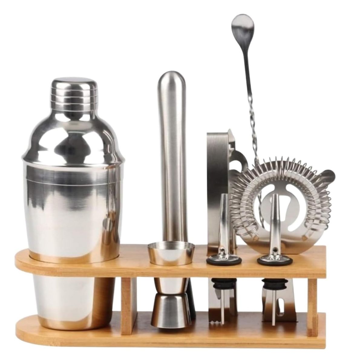 10 Piece Stainless Steel Cocktail Shaker Bartender Tool With Bamboo Stand