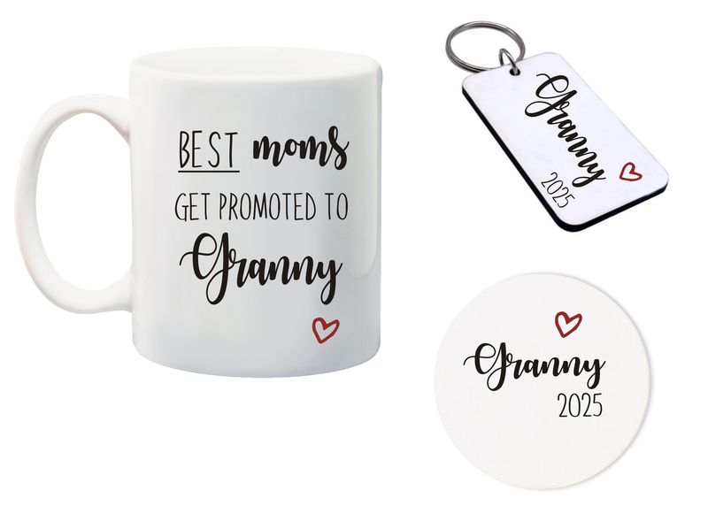 Best Mom's get promoted to Granny Mug, Glass Coaster&amp;keyring gift Combo