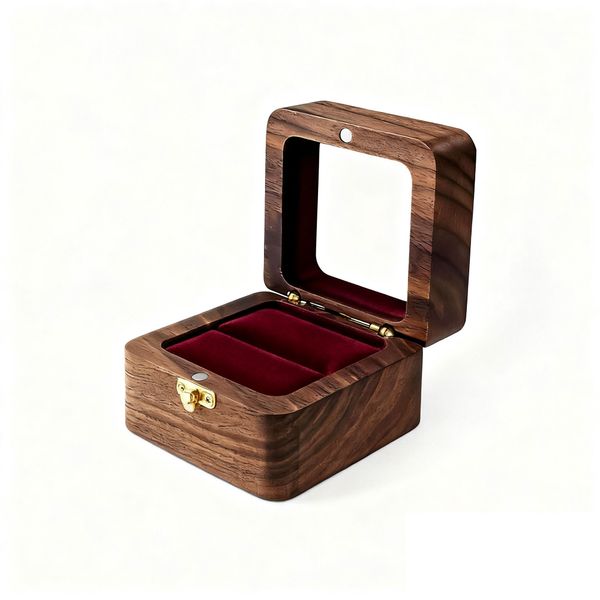 Wooden Ring Box with Magnetic Closure - Single Slot Engagement Ring Holder