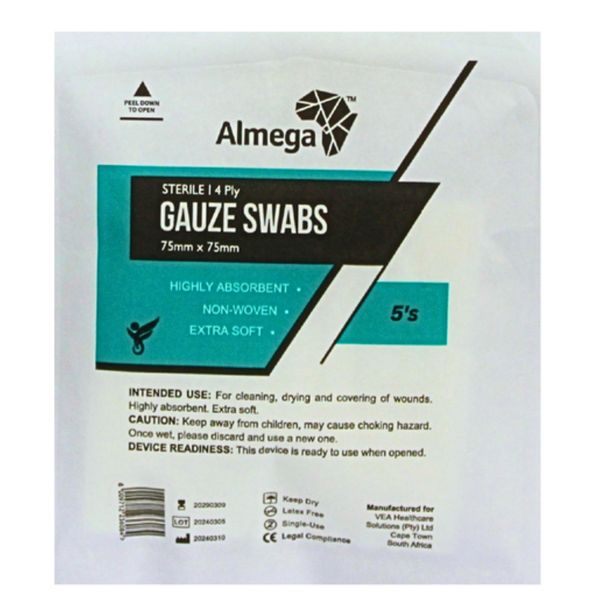 Almega 75mm x 75mm 4-Ply Sterile Gauze Pack of 5 - 4 packs