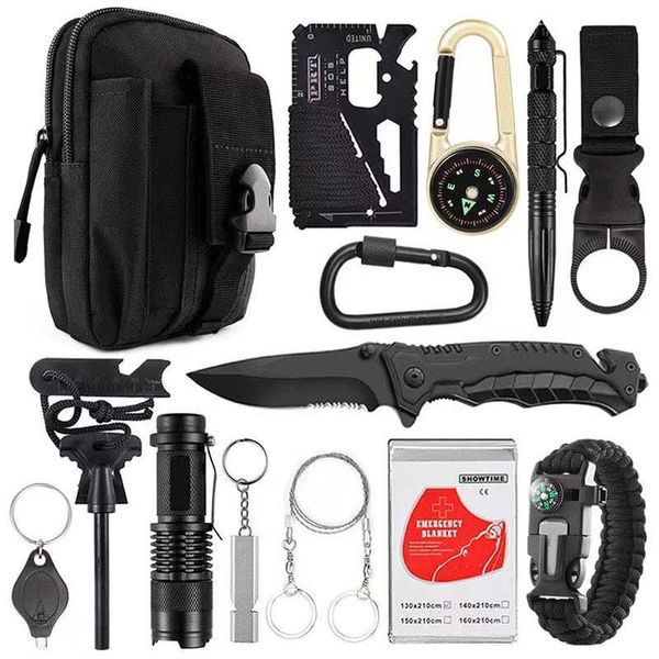 Tactical Survival Multi-Function Kit,14 in 1-Black