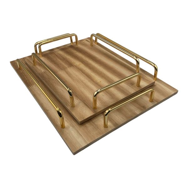 2 Piece Rectangle Wooden Serving Tray - Golden Handles