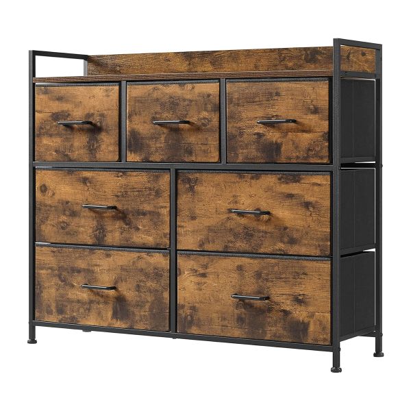 Rustic Brown 7-Drawer Cabinet with Metal Frame &amp; Fabric Storage