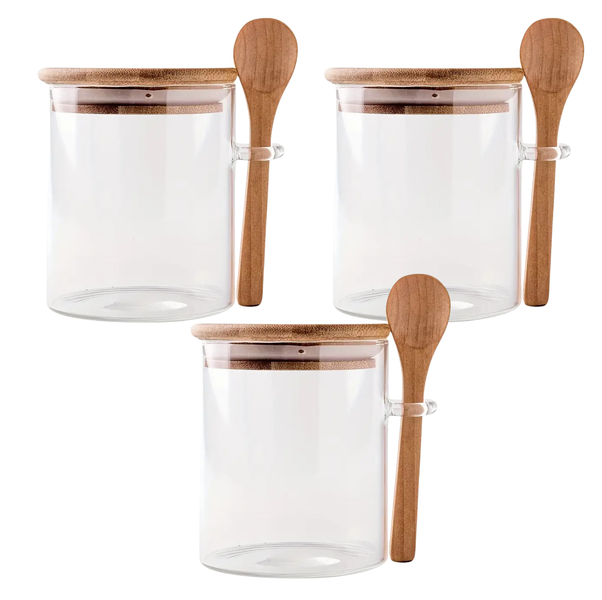 Borosilicate Glass Storage Jar with Bamboo Lid &amp; Spoon - 400ml - Set of 3