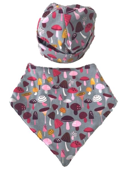 Baby Beanie and Bib Set Pink Mushrooms