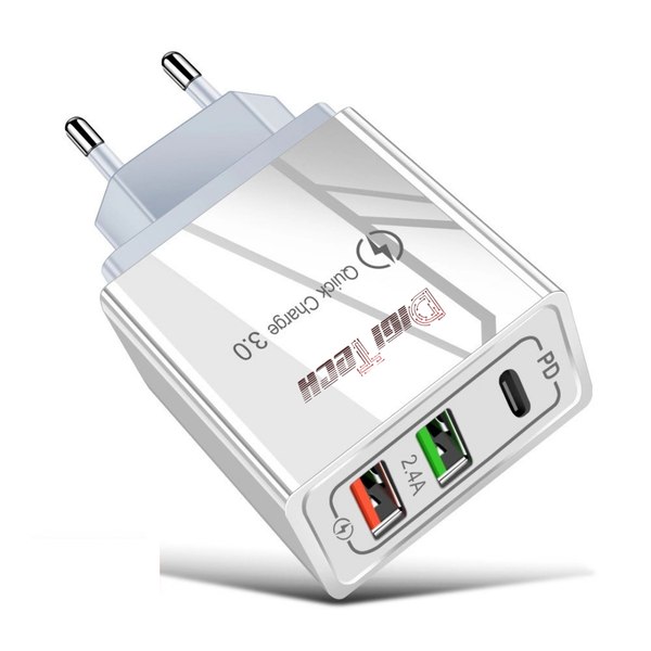 DigiTech USB Wall Charger/ Adapter - USB C + USB A - 3 Ports - 20W - White